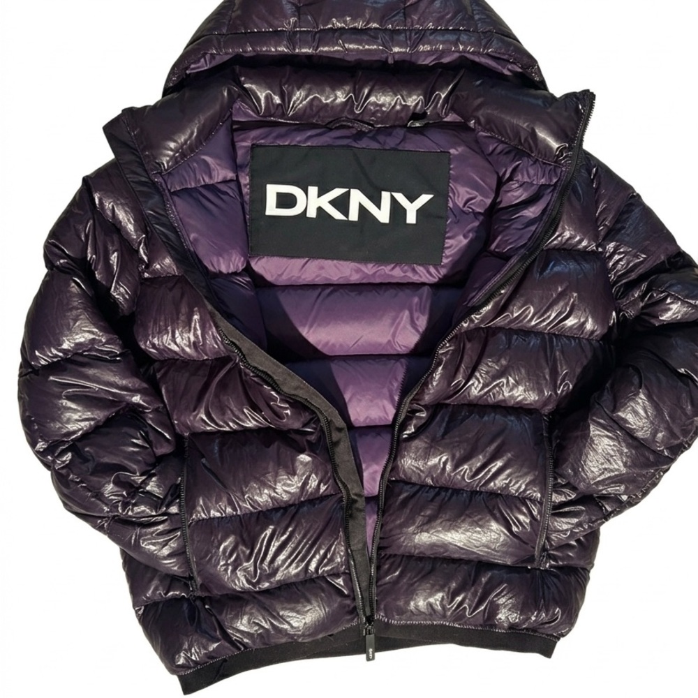DKNY Glossy Deep Purple/Eggplant Puffer Jacket - Medium